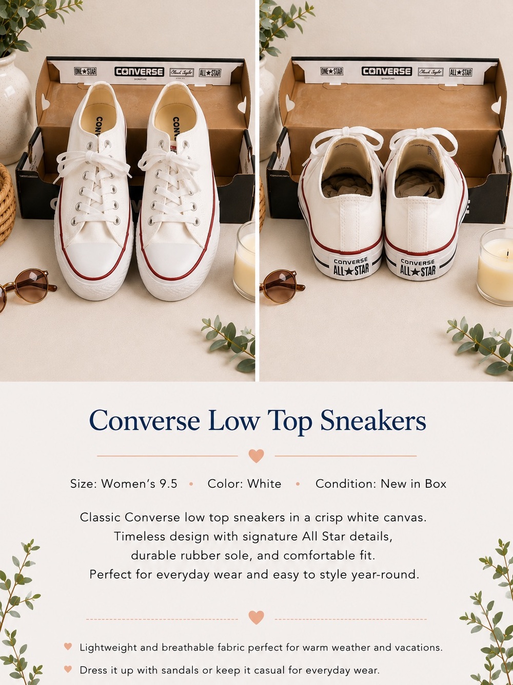 Converse White Low Top Sneakers with Red Trim